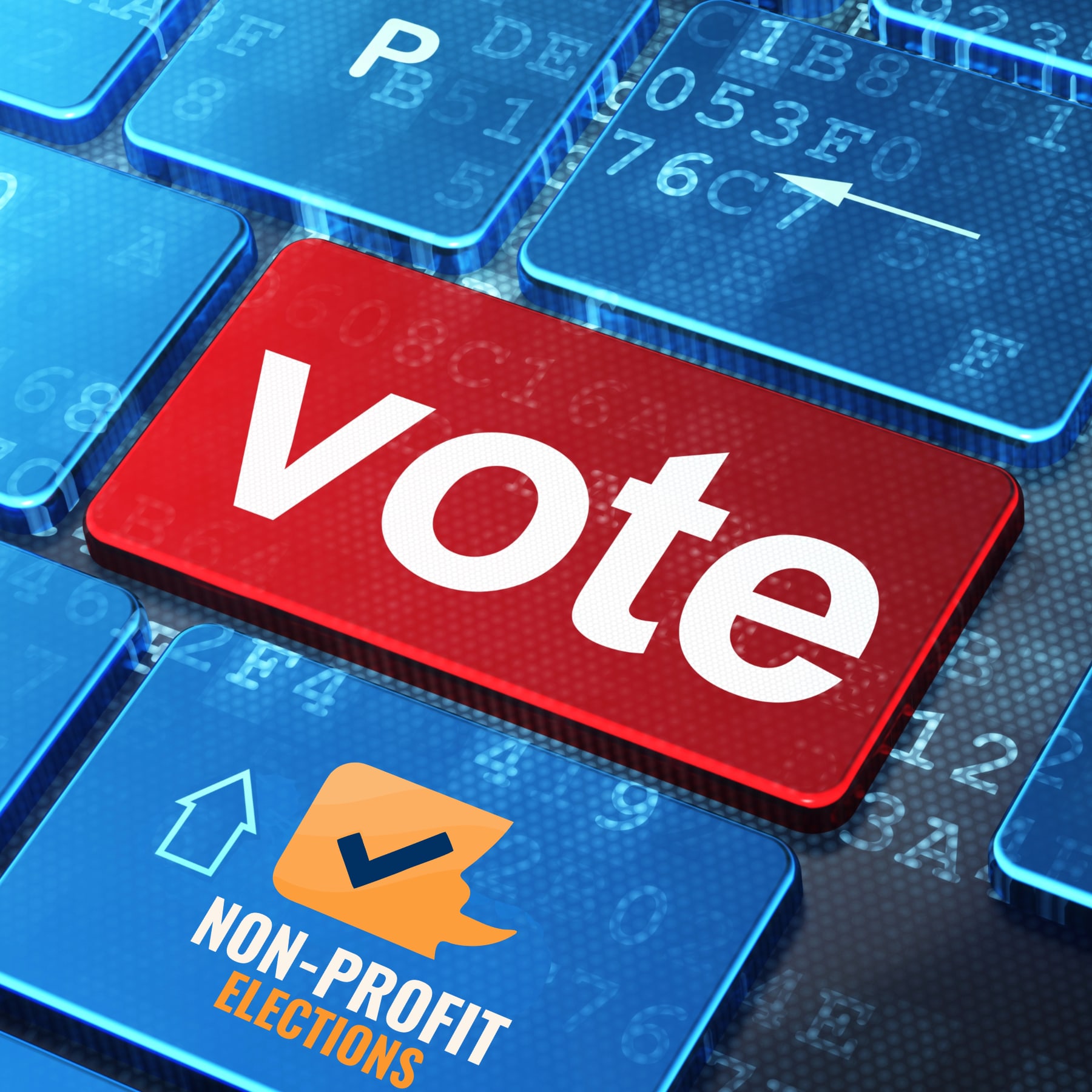 Red "vote" button on metallic blue keyboard with GPowerHost logo.