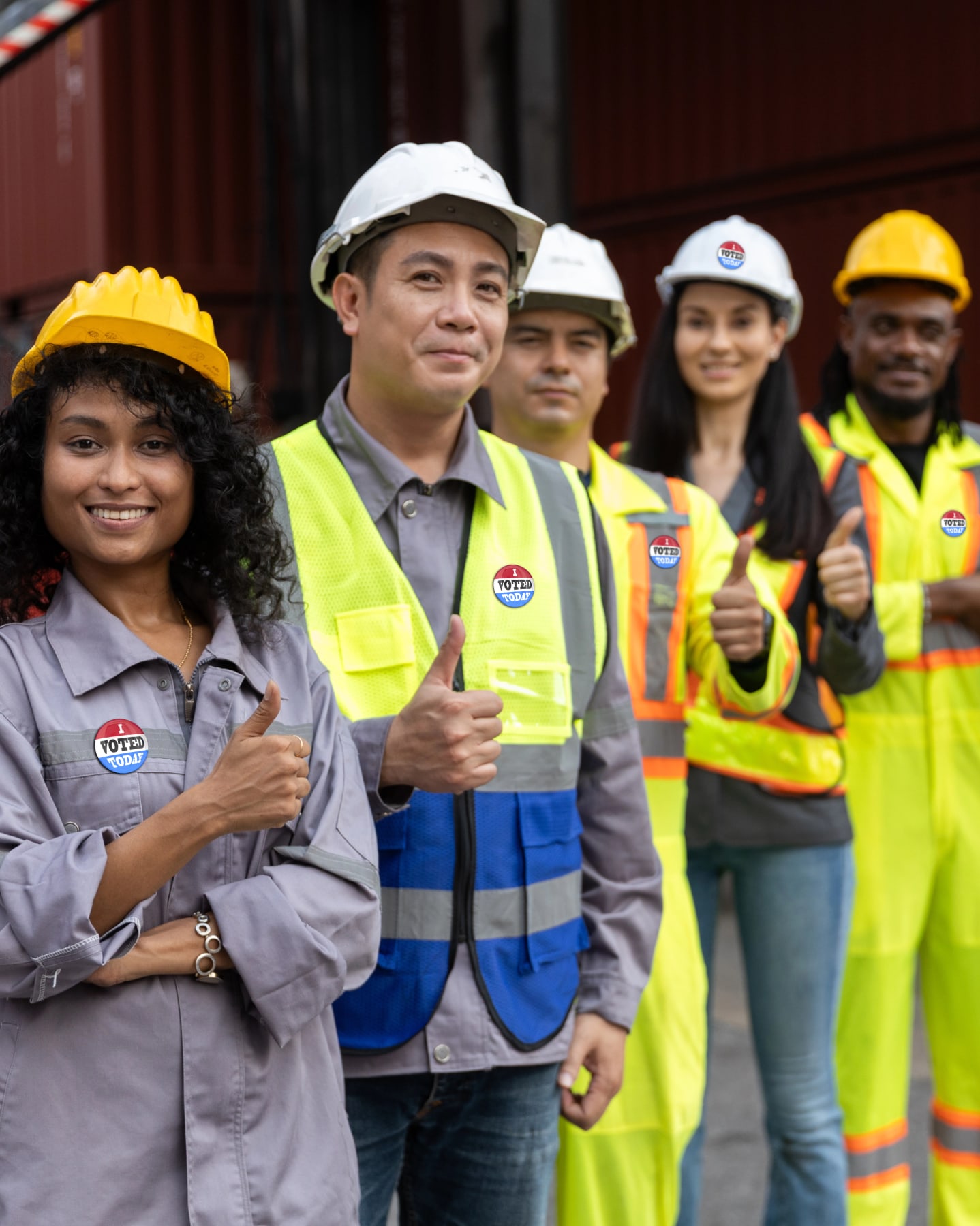 Factory workers having voted, give the thumbs up to a fair election process.