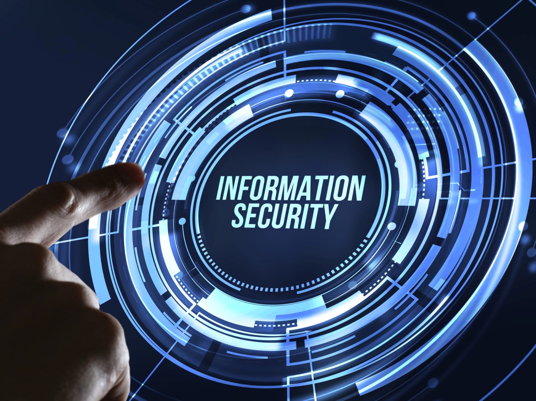 Outstretched finger presses "Information Security" console button.